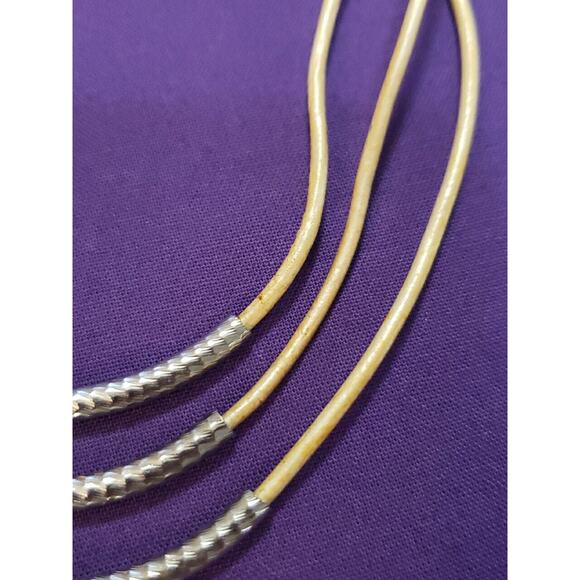 Cookie Lee Signed Layered Necklace Coated Tan Cord Silver Tone Curved Bars - Picture 3 of 8